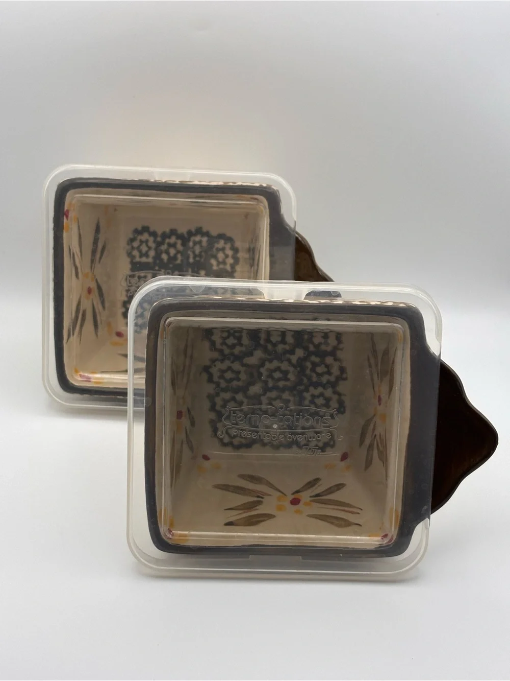 Set of 2 Temptations Ovenware Square Ramekins with Lids in Old World Brown